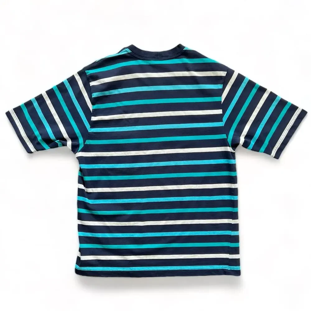 Vintage USA Made Duffel Striped T Shirt Navy Blue Teal White Preppy XL L Skater